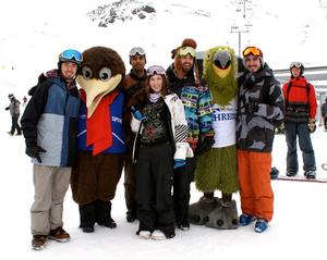 Celebrating Mt Hutt's opening were (L to R) Mathieu Renisio (France), Spike, Nicolas Tresfield (France), Jasmine Maxwell (Christchurch), Enzo Fitzgerald (NZ/France), Shred, Antoine  Fitzgerald (NZ/France).